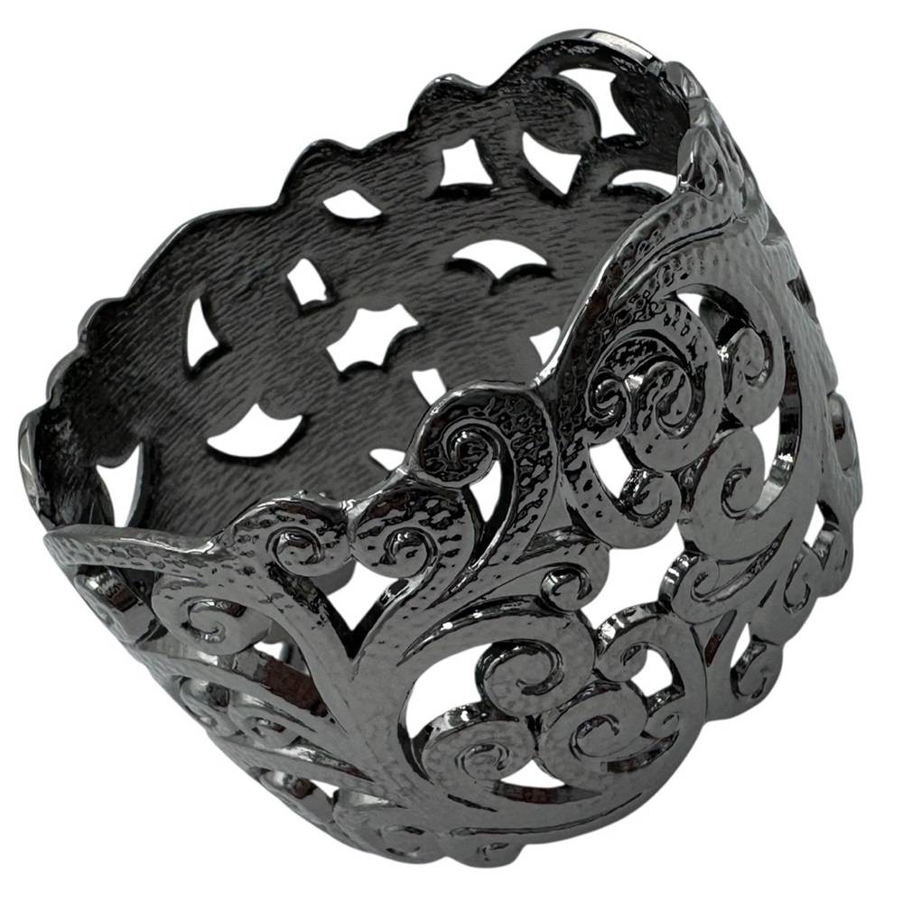 Gun Metal Grey Open Swirl Statement Hinged Bangle Bracelet